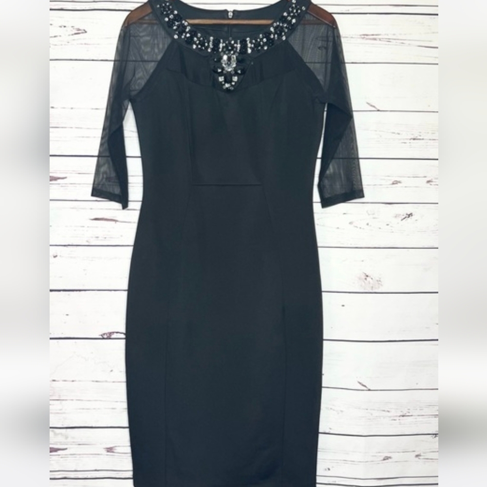 Signature by Sangria Elegant Black Dress with Sheer Sleeves